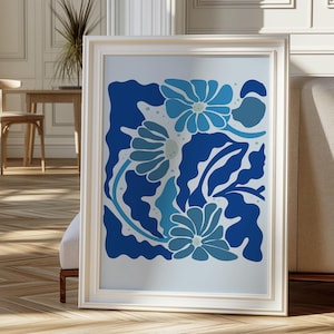 Blue Abstract Flower Wall Print, Botanical Print, Matisse Print, Flower Poster, Wall Decor, Printable Art, Wall Art Prints, Digital Download