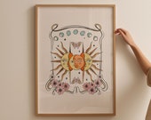 Retro Celestial Wall Art, Sun Moon Print, Boho Poster, Groovy Room Decor, Digital Download, Large Printable Art