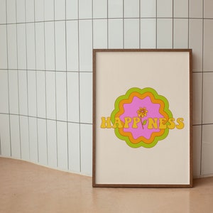 Retro Happiness Wall Print, Cute Quote Wall Art, Digital Download Print, Wall Decor, Large Printable Art, Downloadable Prints
