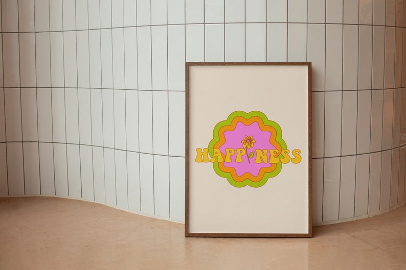 Retro Happiness Wall Print, Cute Quote Wall Art, Digital Download Print, Wall Decor, Large Printable Art, Downloadable Prints