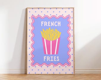 Retro French Fries Print, Trendy Kitchen Decor, Food Poster, Foodie Wall Art, Dopamine Printable Art, Y2k Apartment Decor, Digital download