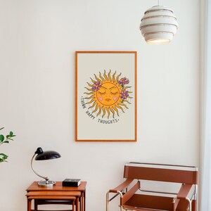 Retro Sun Wall Print, Think Happy Thought Print, Retro 70s Print, Digital Download Print, Retro Wall Decor, Downloadable Prints, Wall Art