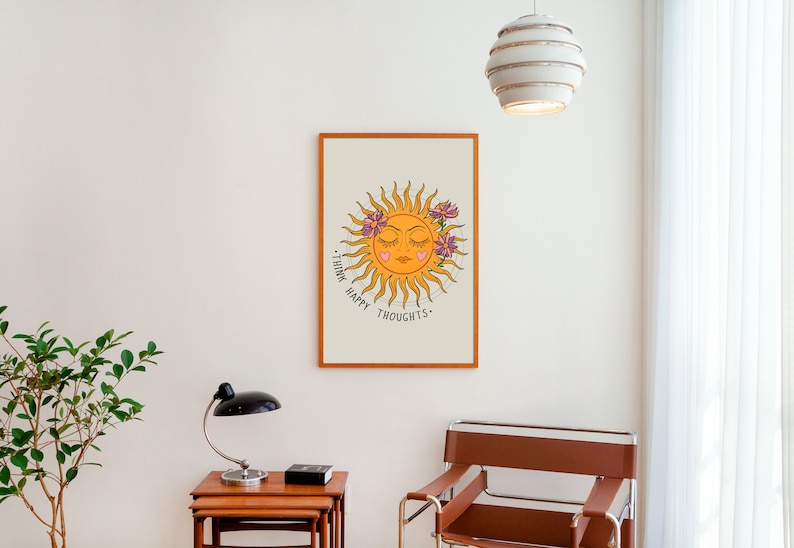 Retro Sun Wall Print, Think Happy Thought Print, Retro 70s Print, Digital Download Print, Retro Wall Decor, Downloadable Prints, Wall Art