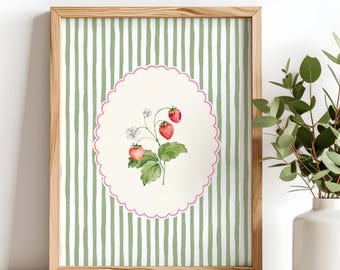 Vintage gestreepte aardbeiprint, Cottagecore-muurkunst, botanische poster, digitale download