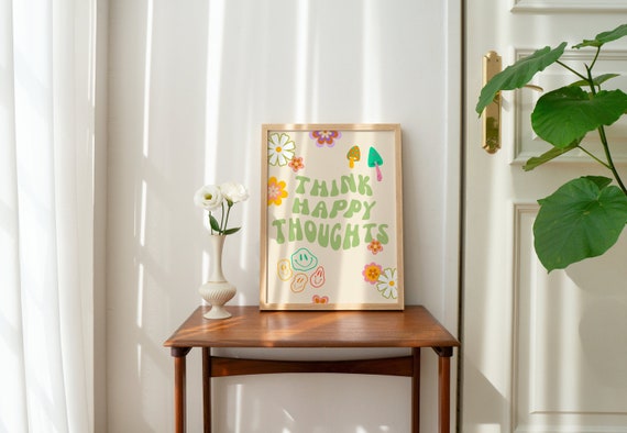 Think Happy Thoughts Print, Retro Wall Art, Inspirational Poster, Dorm Room Decor, Digital Download