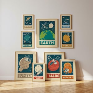 Retro Solar System Planet Wall Print Set of 9, Space Wall Print, Astronomy, Retro Poster, Moon, Wall Decor, Printable Art, Digital Download