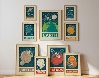 Retro Solar System Planet Wall Print Set of 9, Space Wall Print, Astronomy, Retro Poster, Moon, Wall Decor, Printable Art, Digital Download