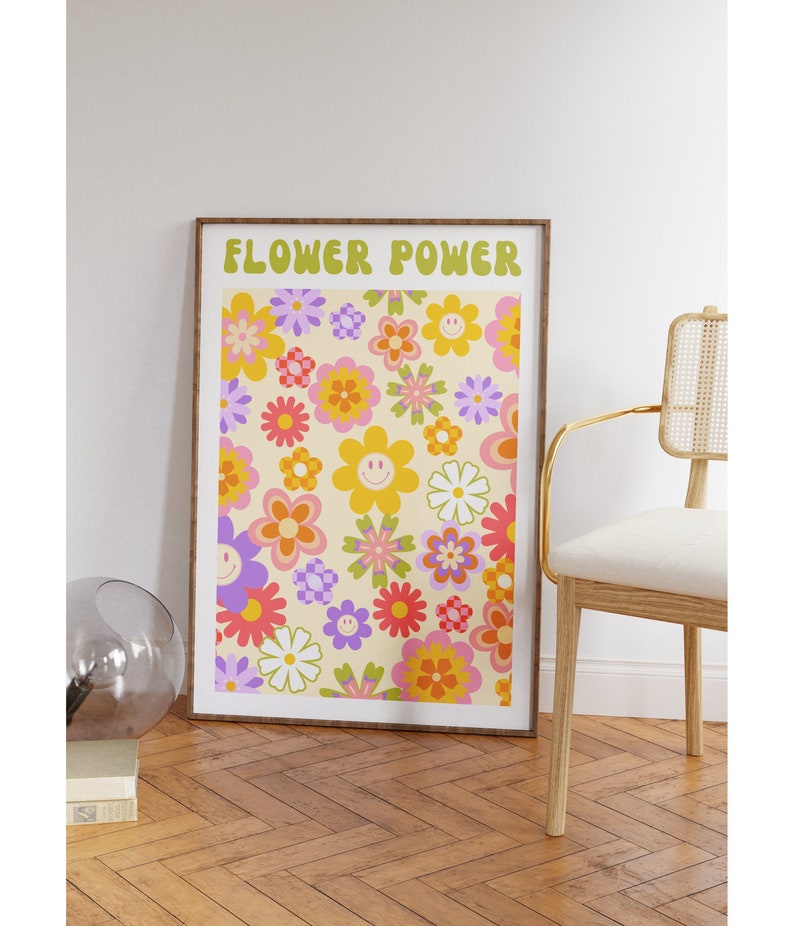 Retro Flower Power Print, 70s Floral Wall Art, Digital Download, Trendy ...