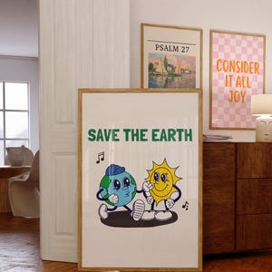 Save the earth Print, Save the Planet, Retro Wall Art, Digital Download, Classroom Wall Decor, Printable Art, Environmental, Retro Poster
