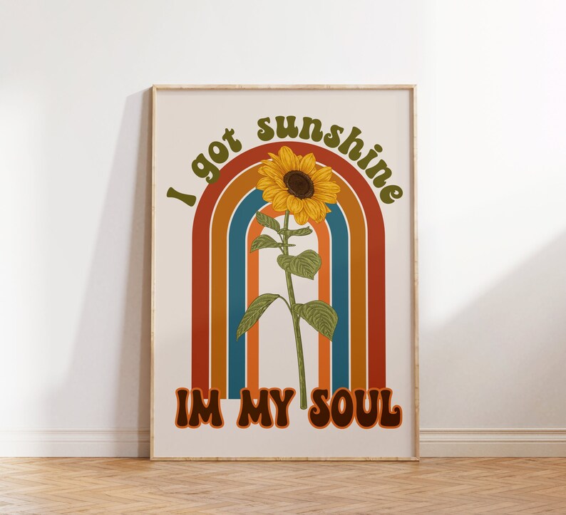Retro Sunshine Quote Print, Retro Groovy, Sunflower Print, Retro Wall Art, Retro Decor, Hippie Decor, Downloadable Prints, Vintage Print