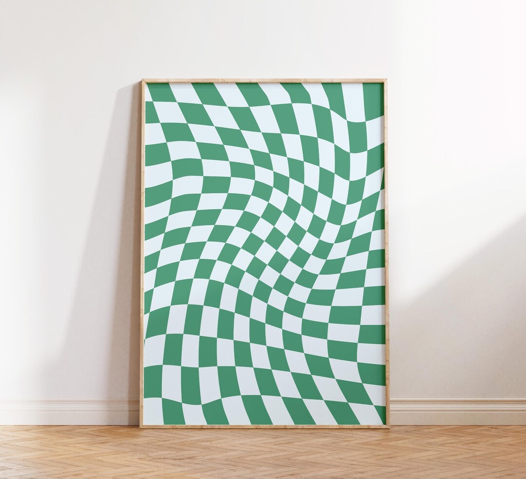 Retro Checkerboard Pattern Wall Art, Retro Groovy, Green Aesthetic ...