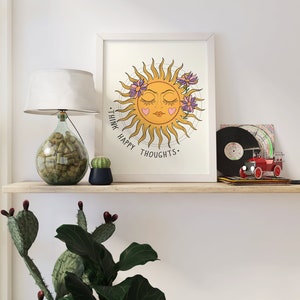 Retro Sun Wall Print, Think Happy Thought Print, Retro 70s Print, Digital Download Print, Retro Wall Decor, Downloadable Prints, Wall Art