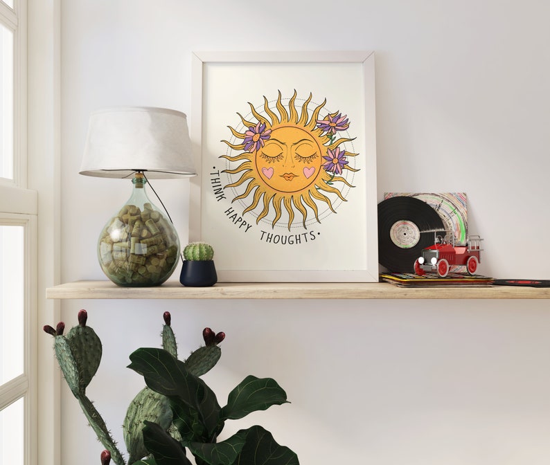 Retro Sun Wall Print, Think Happy Thought Print, Retro 70s Print, Digital Download Print, Retro Wall Decor, Downloadable Prints, Wall Art