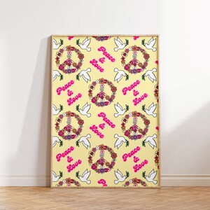 Peace & Love Wanddruck, Retro Groovy Druck, Digitaler Download Druck, Retro Wandkunst, große druckbare Kunst, herunterladbarer Druck, Retro Dekor