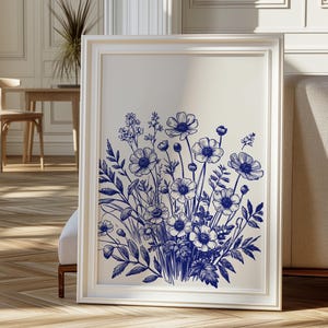 Blue Botanical Wall Art, Chinoiserie Wall Art, Hippie Flower Print, Digital Print, Retro Wall Art, Minimalist Wall Art Prints, Blue Poster