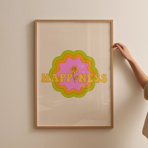 Retro Happiness Wall Print, Cute Quote Wall Art, Digital Download Print, Wall Decor, Large Printable Art, Downloadable Prints