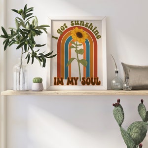 Retro Sunshine Quote Print, Retro Groovy, Sunflower Print, Retro Wall Art, Retro Decor, Hippie Decor, Downloadable Prints, Vintage Print