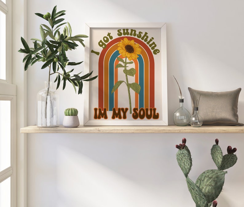 Retro Sunshine Quote Print, Retro Groovy, Sunflower Print, Retro Wall Art, Retro Decor, Hippie Decor, Downloadable Prints, Vintage Print