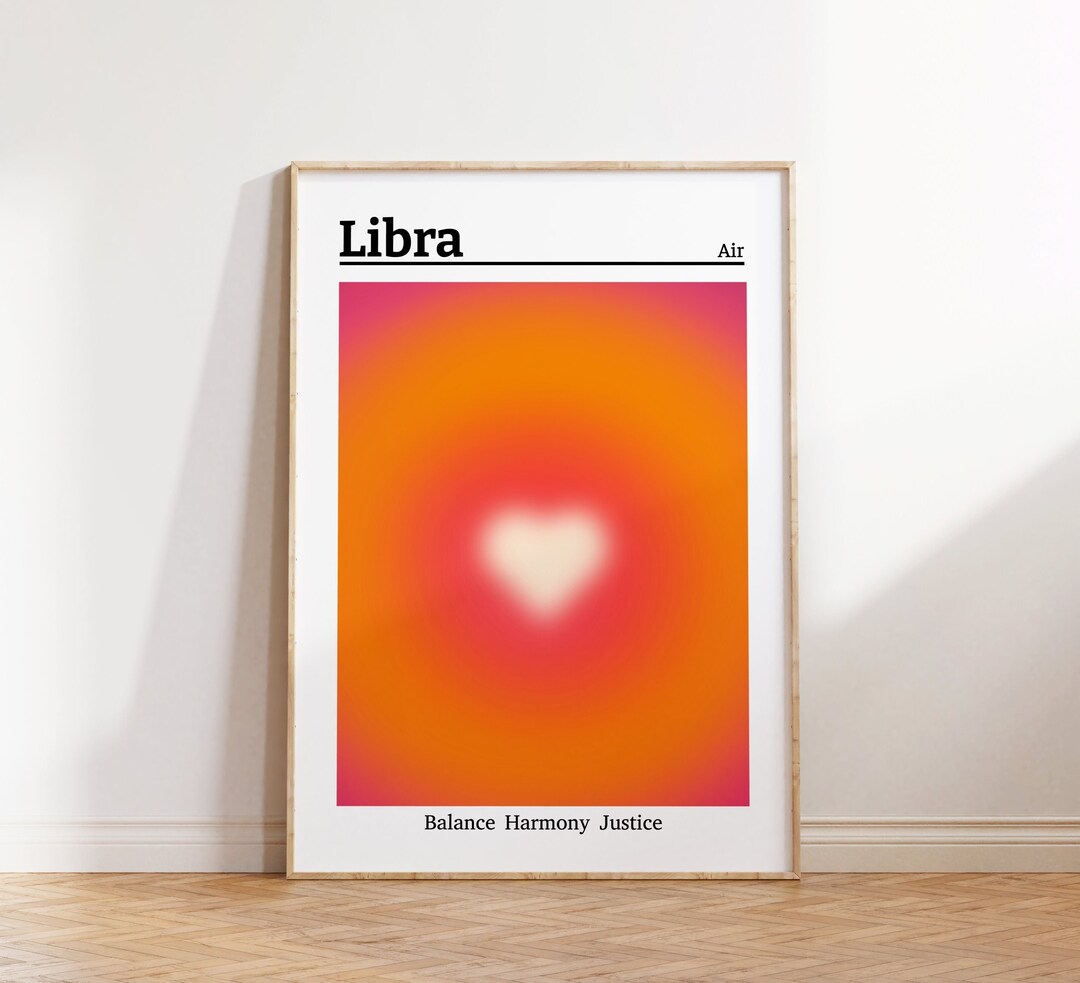 Libra Retro Libra Zodiac Art Print, Retro Star Sign Wall Art, Orange Heart Poster ...