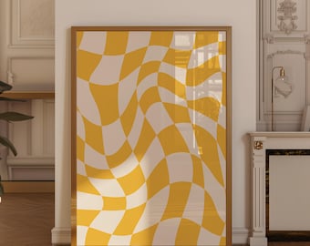 Retro Groovy Karierter Print, Gelbe Wandkunst, Retro Poster, trendige Wanddekoration, große druckbare Kunst, digitaler Download