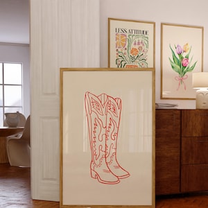 Red Cowgirl Boots Print, Western Boots Wall Art, Trendy Print, Wall Decor, Western Poster, Digital Print, Red Poster, Preppy Dorm Room Decor