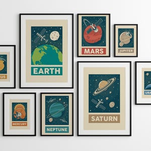 Retro Solar System Planet Wall Art Set of 9, Space Wall Print ...