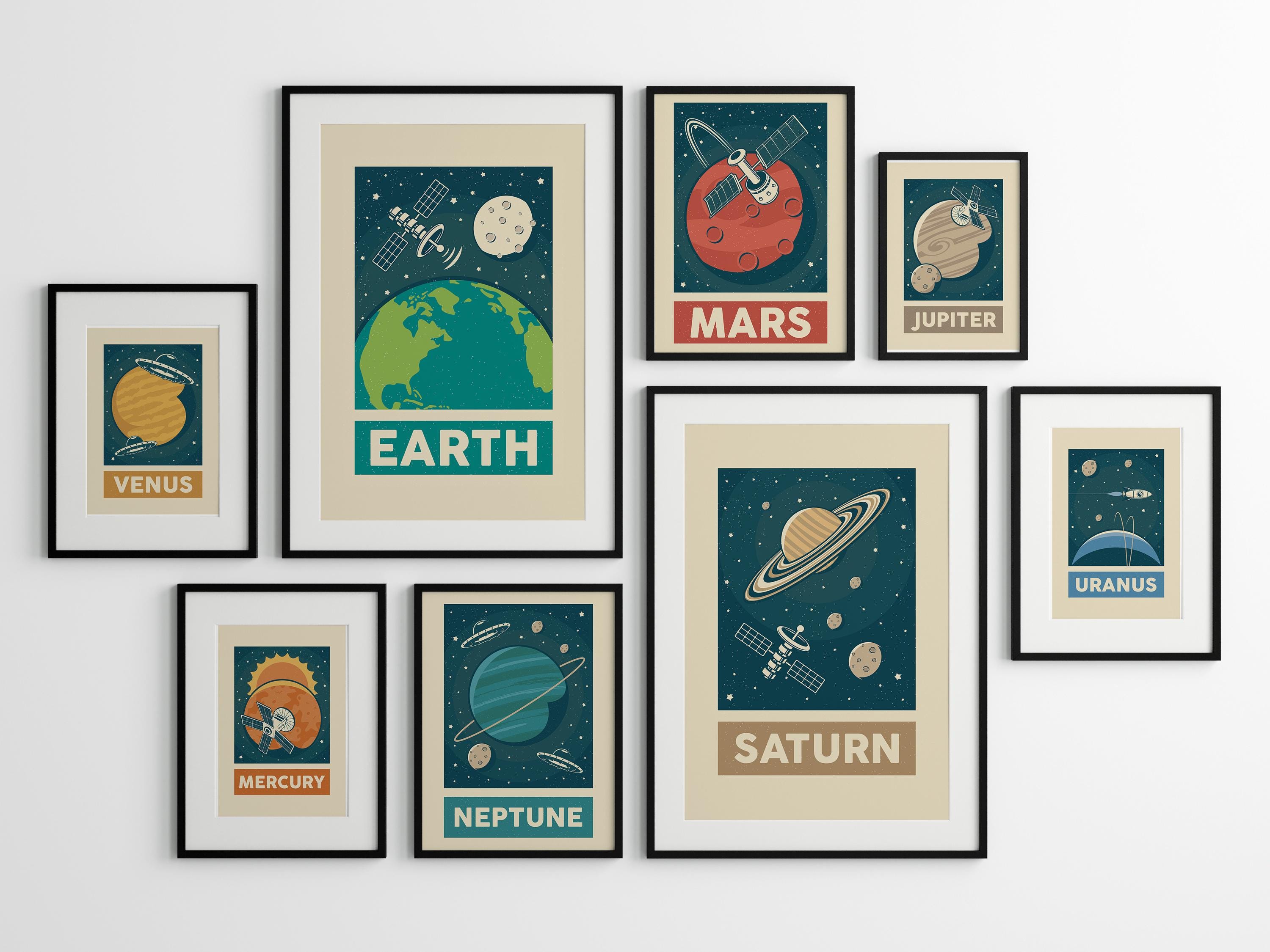 Retro Solar System Planet Wall Art Set of 9, Space Wall Print ...
