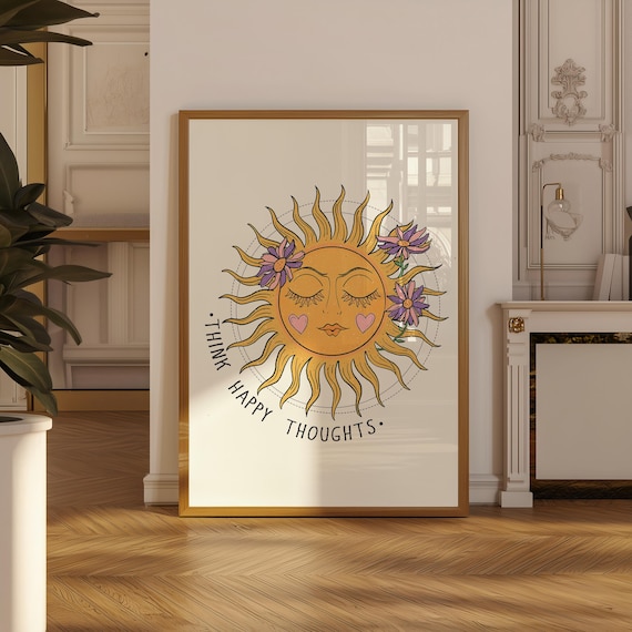 Think Happy Thought Print, Retro Sun Wall Art, 70s Celestial Print (Digital Download) Inspirational Poster For Wall Decor, Printable Art