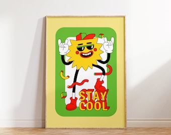 Stay Cool Print, Retro Cartoon Character Wall Art, Quote Wall Print, Digital Download Print, Retro Wall Decor, Downloadable Art Prints