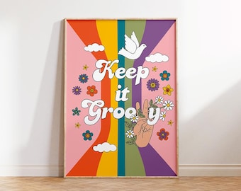 Keep It Groovy Retro Print, Hippie Wall Art Quotes, Digital Download, Inspirational Print, Typography Poster For Dorm Decor, Printable Art