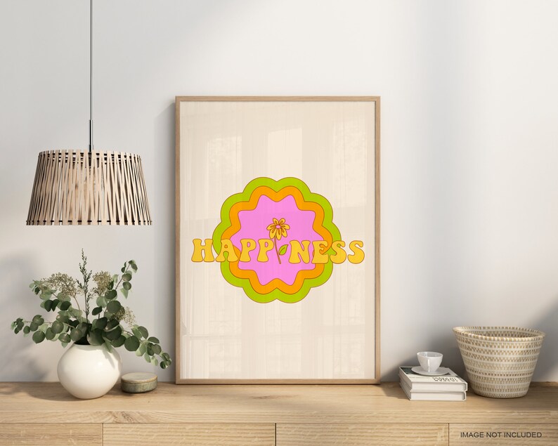 Retro Happiness Wall Print, Cute Quote Wall Art, Digital Download Print, Wall Decor, Large Printable Art, Downloadable Prints