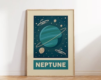 Retro Neptune Print, Solar System Planets, Outer Space Poster, Kids Room Decor, Large Printable Art, Downloadable Prints, Astronaut gift