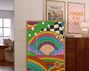 Retro 70-tals psykedelisk väggkonst, dopamin studentrumsdekor, färgglad affisch, funky utskrivbar konst, digital nedladdning