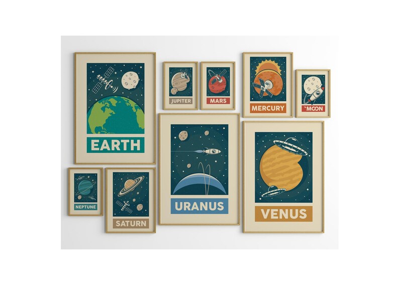 Retro Solar System Planet Wall Art Set of 9, Space Wall Print ...