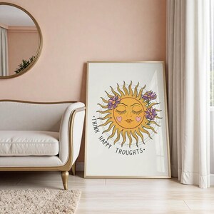 Impresión "Pensamientos felices", arte de pared retro con sol, impresión celestial de los años 70 (descarga digital), póster inspirador para decoración de pared, arte imprimible imagen 4