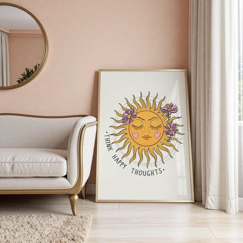 Impresión "Pensamientos felices", arte de pared retro con sol, impresión celestial de los años 70 (descarga digital), póster inspirador para decoración de pared, arte imprimible imagen 4