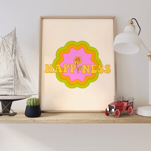 Retro Happiness Wall Print, Cute Quote Wall Art, Digital Download Print, Wall Decor, Large Printable Art, Downloadable Prints