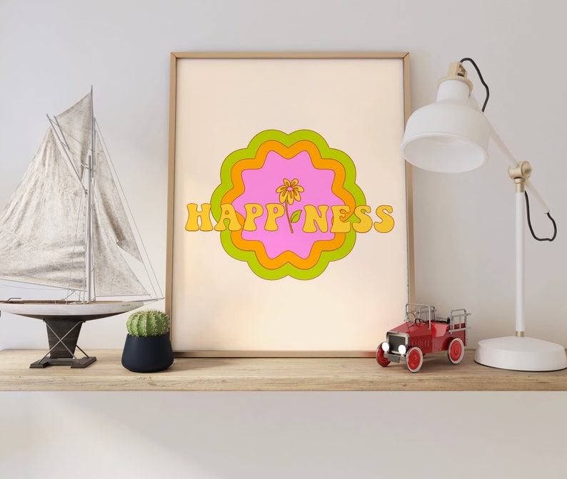 Retro Happiness Wall Print, Cute Quote Wall Art, Digital Download Print, Wall Decor, Large Printable Art, Downloadable Prints