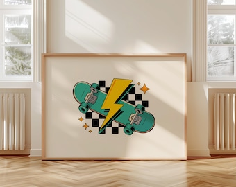 May include: A framed print featuring a teal skateboard with black wheels and a yellow lightning bolt graphic. The design includes a black and white checkered background and orange star accents, perfect for a room decoration.