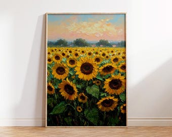 Sunflower Field Print, Sunflower wall art, Sunflower poster, Apartment Wall decor, Digital Download Print, Retro Wall Art, Retro Poster