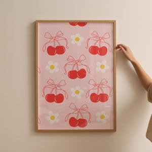 Arte de pared con lazo retro, cereza coqueta, arte de pared femenino, impresión de arte de pared, póster de lazo moderno, estético, arte imprimible, decoración de dormitorio, póster rosa