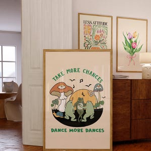 Retro Frog Wall Art Print, Vintage Mushroom Illustration, Green Poster, Positive Quote Print, Wall Deco, Retro Poster, Digital Download