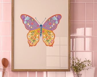 Retro Butterfly Print, Hand Drawn Butterfly Wall Art, Retro Poster, Printable Art, Digital Print, Wall Decor, Housewarming gift, Dorm Decor