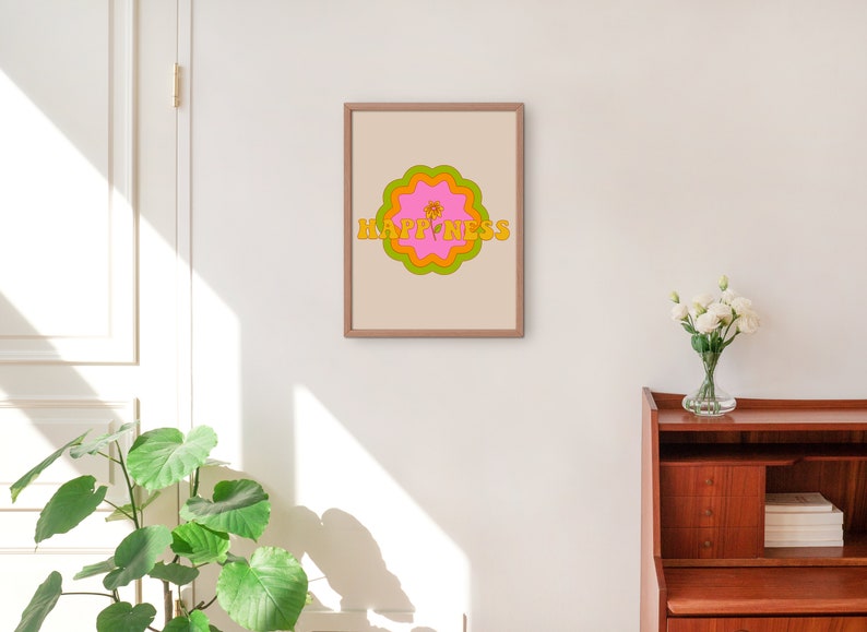 Retro Happiness Wall Print, Cute Quote Wall Art, Digital Download Print, Wall Decor, Large Printable Art, Downloadable Prints