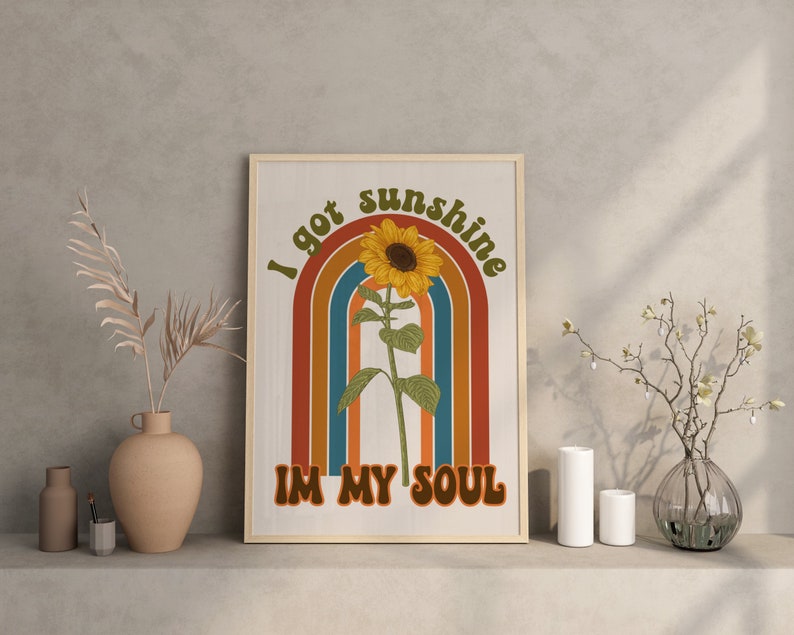 Retro Sunshine Quote Print, Retro Groovy, Sunflower Print, Retro Wall Art, Retro Decor, Hippie Decor, Downloadable Prints, Vintage Print