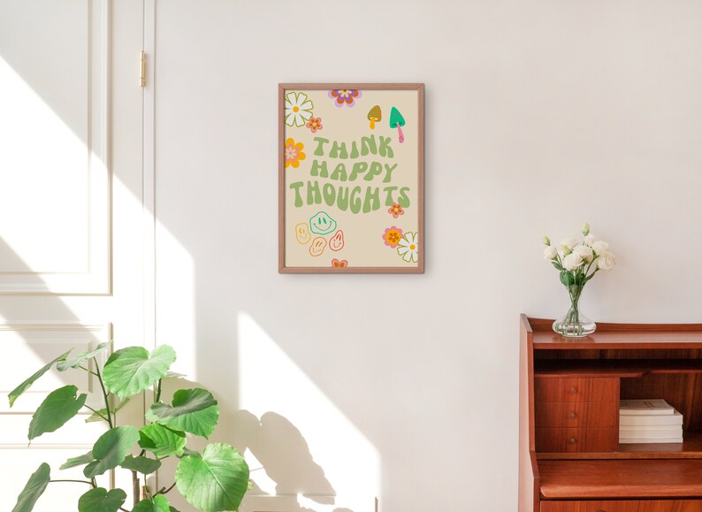 Cute Quote Wall Print, Retro 70s Print, Think Happy Thought Print, Digital Download Print, Retro Wall Decor, Downloadable Prints, Wall Art