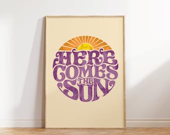 Impression Here Comes The Sun, art mural soleil rétro, affiche groovy des années 90, téléchargement numérique, décoration de dortoir, impression d'art tendance