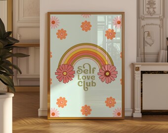 Retro Self Love Club Print | Rainbow Wall Art (Digital Download) | Trendy Print | Printable Art For Dorm Decor