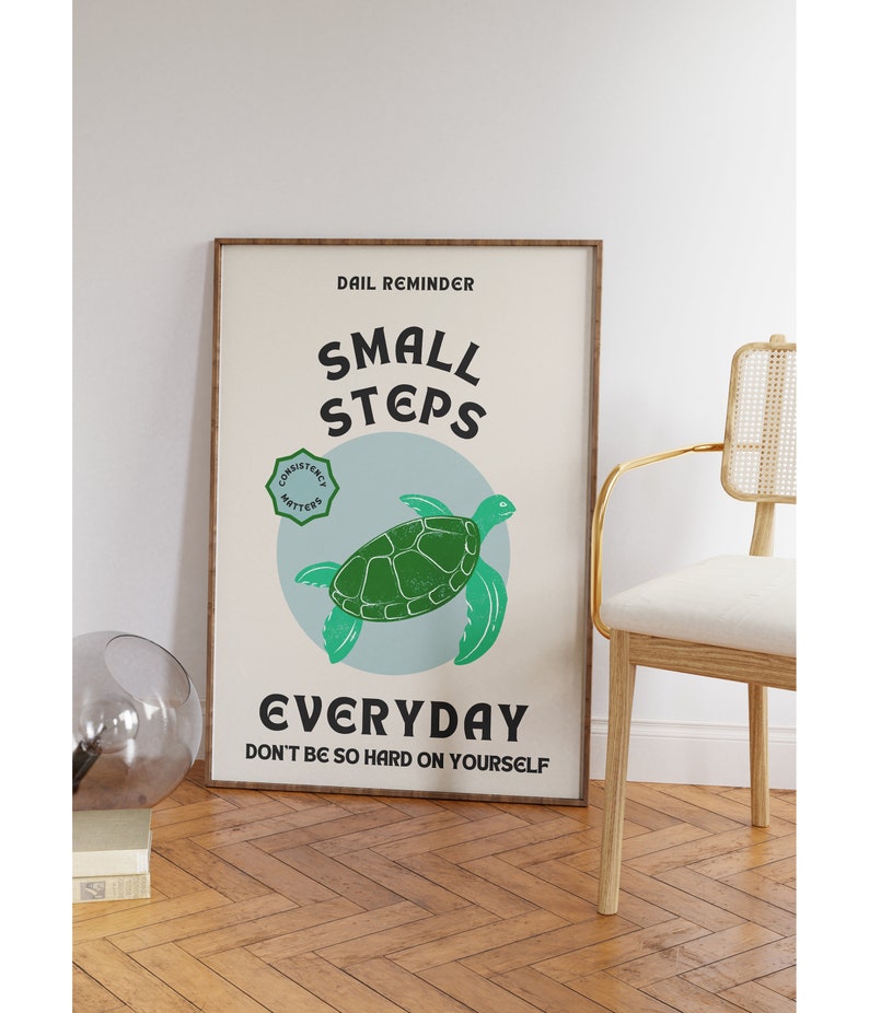 Pu&ograve; includere: Un poster motivazionale con una tartaruga marina verde su uno sfondo blu. Il poster recita "Promemoria quotidiano: Piccoli passi ogni giorno. Non essere troppo duro con te stesso." e ha un cerchio verde con il testo "La costanza conta" nell'angolo in alto a sinistra.