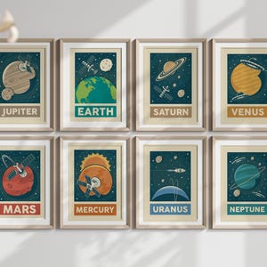 Retro Solar System Planet Wall Print Set of 9, Space Wall Print, Astronomy, Retro Poster, Moon, Wall Decor, Printable Art, Digital Download